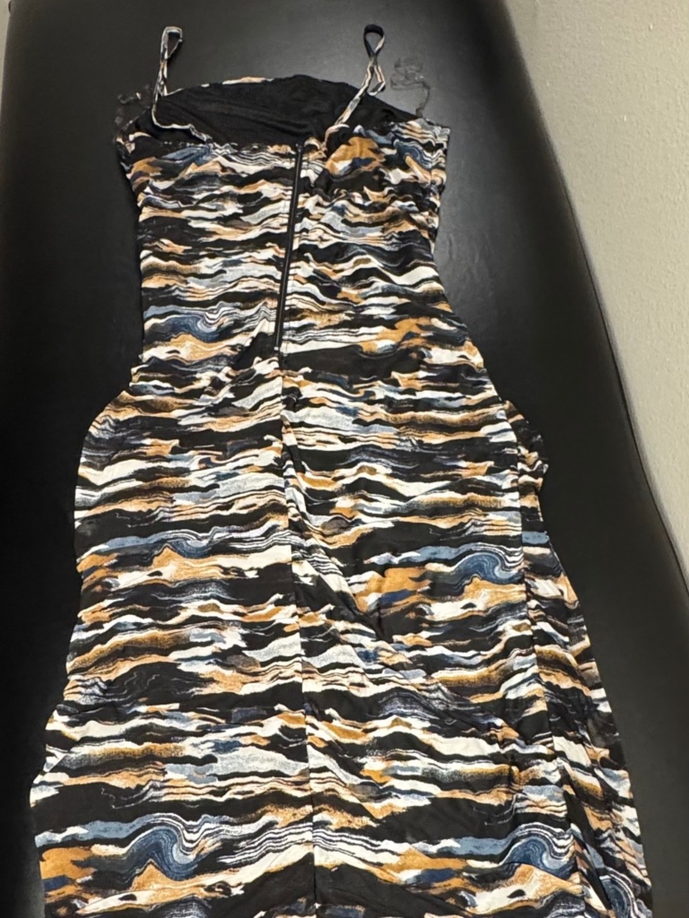Women's Ruched Maxi Dress Abstract Print Black Tan Blue Cream Spaghetti Strap
